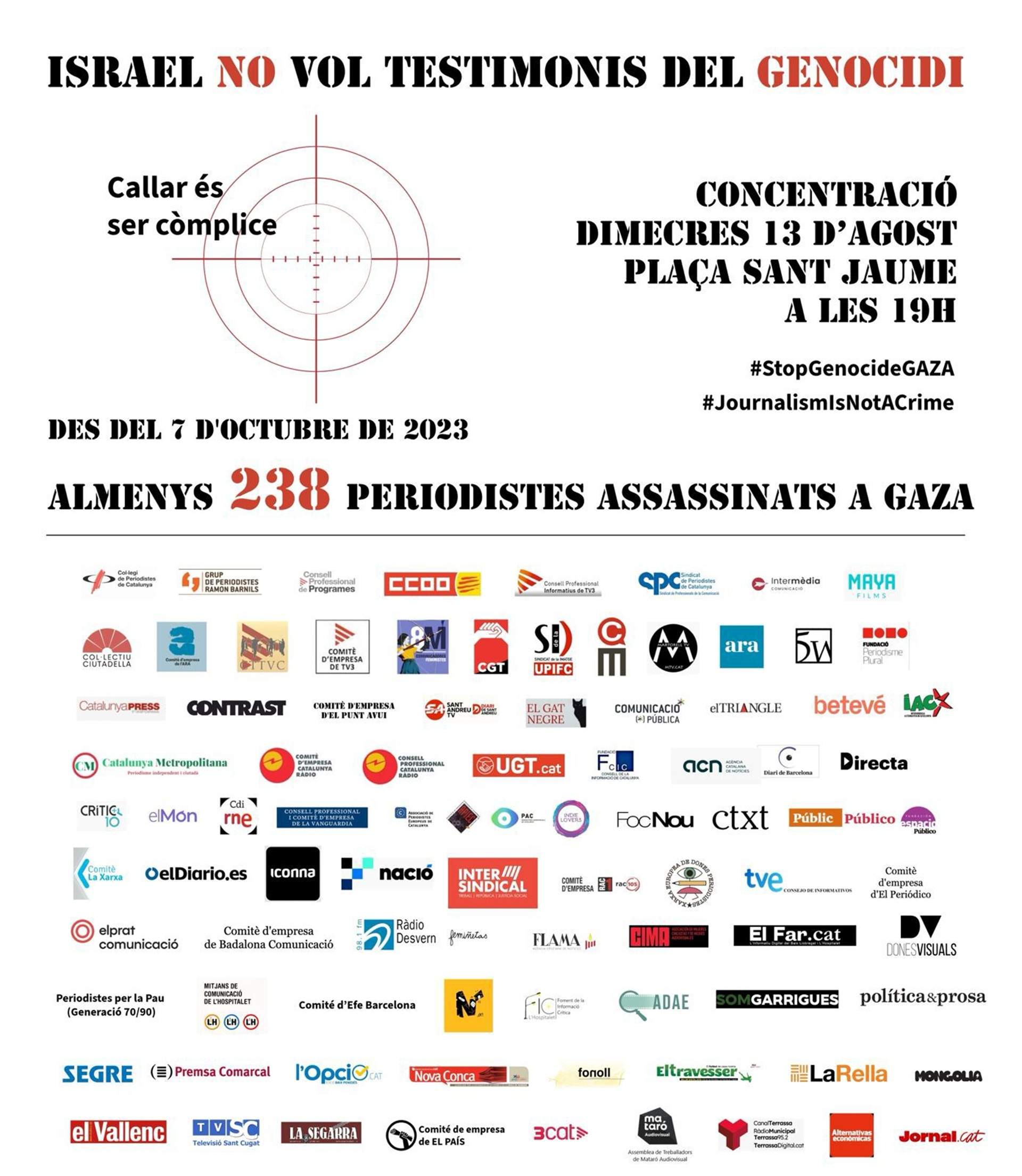 Protesta d'entitats i mitjans de comunicació contra l'assassinat de periodistes a Gaza a la plaça Sant Jaume