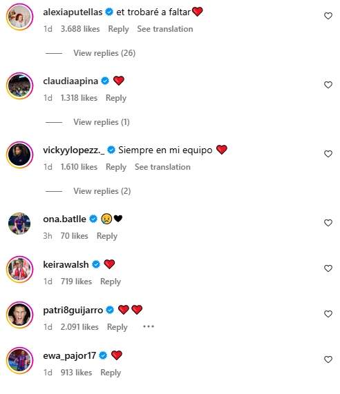 Els comentaris d'Alèxia, Pina, Vicky, Batlle, Walsh, Guijarro i Pajor / Instagram Els comentaris d'Alèxia, Pina, Vicky, Batlle, Walsh, Guijarro i Pajor / Instagram