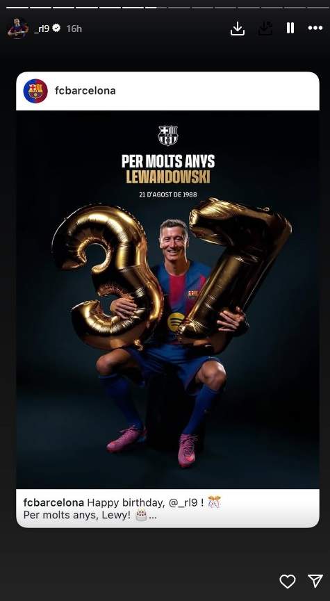 El Barça felicita Robert Lewandowski por|para su 37.º aniversario|cumpleaños IG