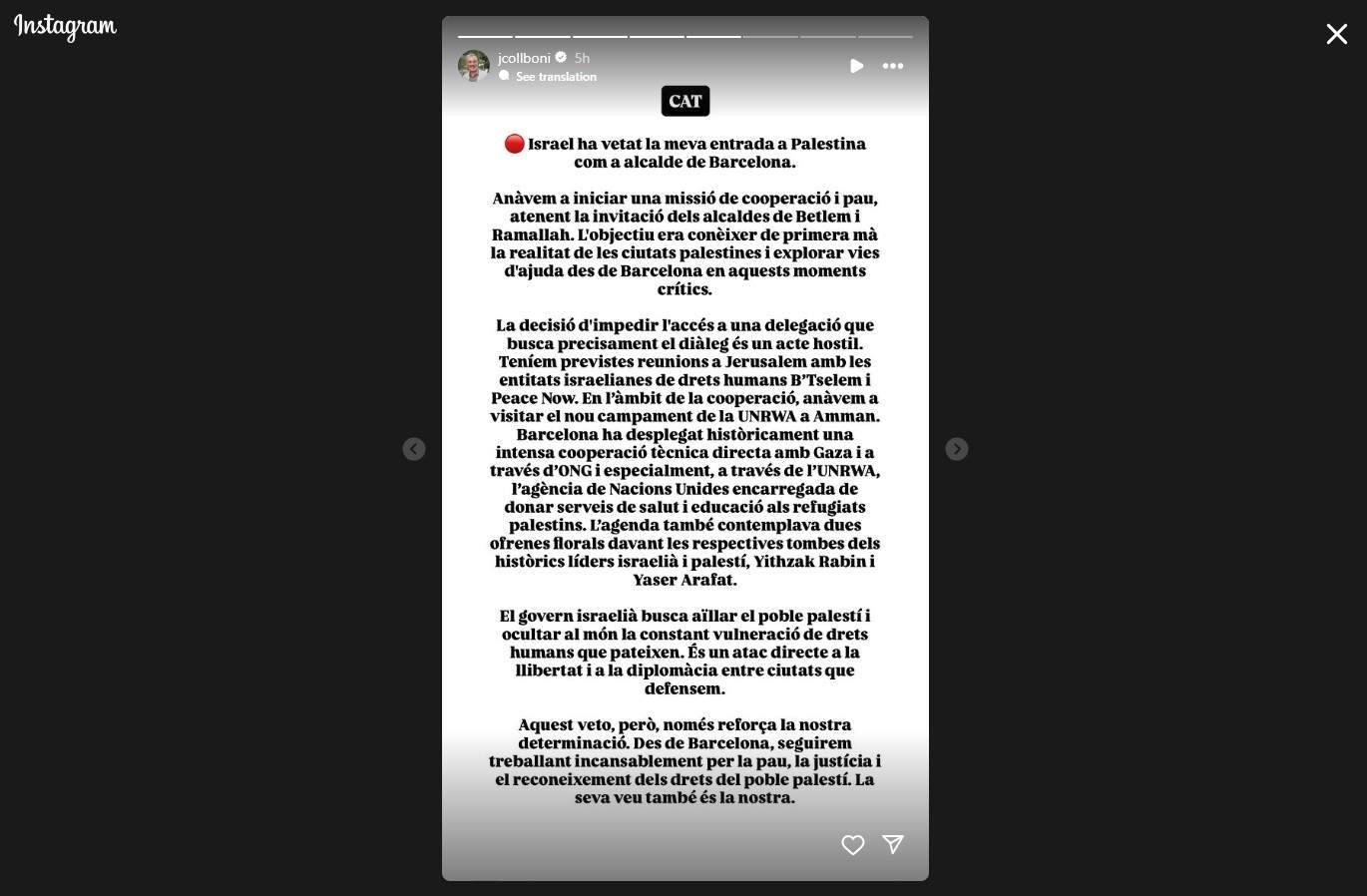 Reaccio Jaume Collboni veto Israel, Instagram Reaccio Jaume Collboni veto Israel, Instagram