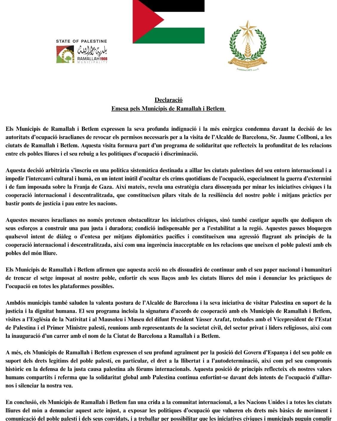 declaració conjunta dels municipis de ramallah i betlem en suport a Collboni declaració conjunta dels municipis de ramallah i betlem en suport a Collboni