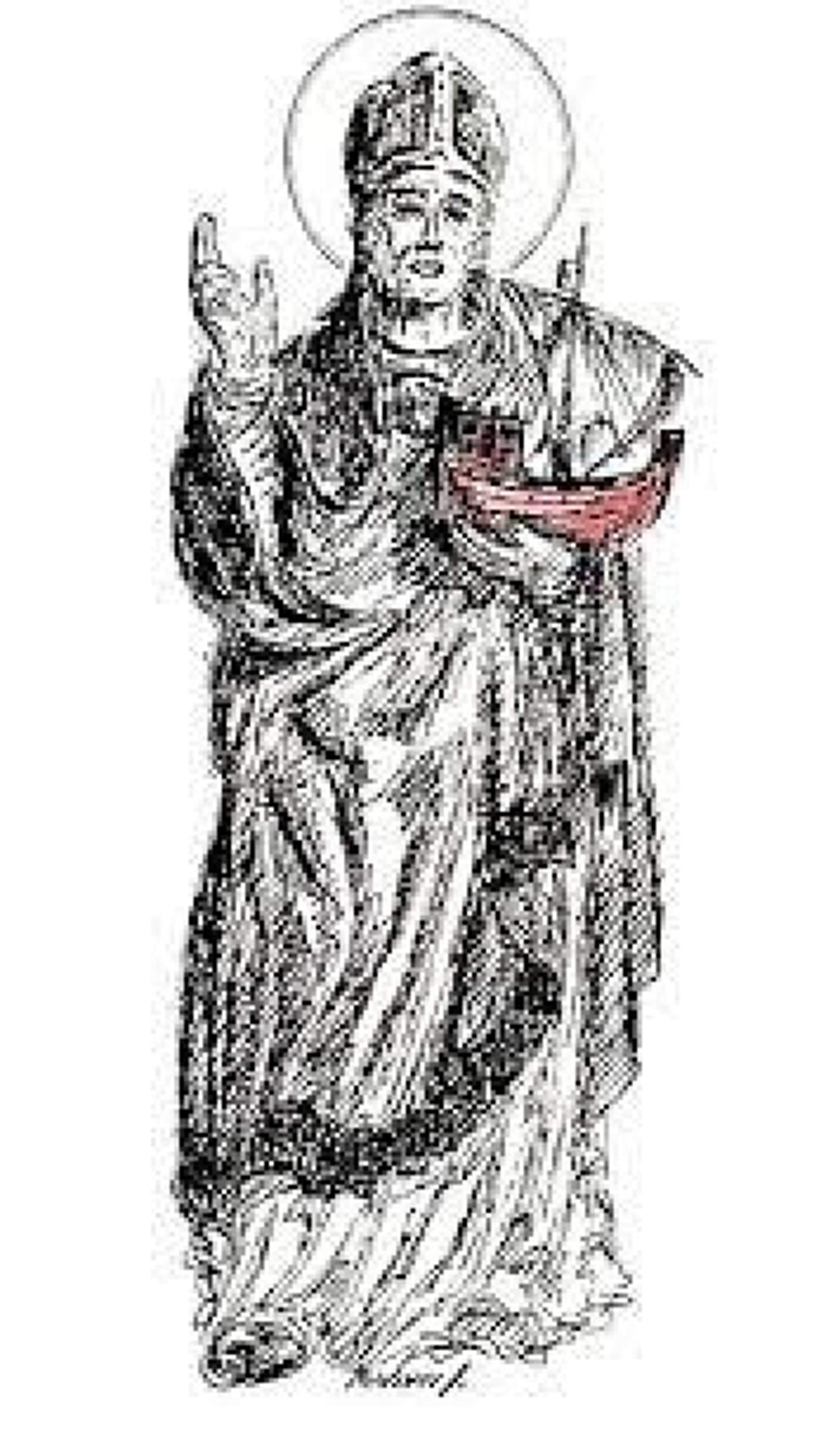Representació medieval de l'arquebisbe Pròsper amb el vaixell de l'exili. Font Catalunya Cristiana