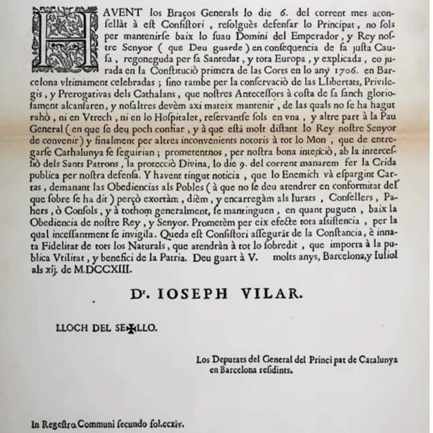 Acta de la votació i resolució dels Tres Comuns a favor de la resistència a ultrança. Font Biblioteca de Catalunya (1)