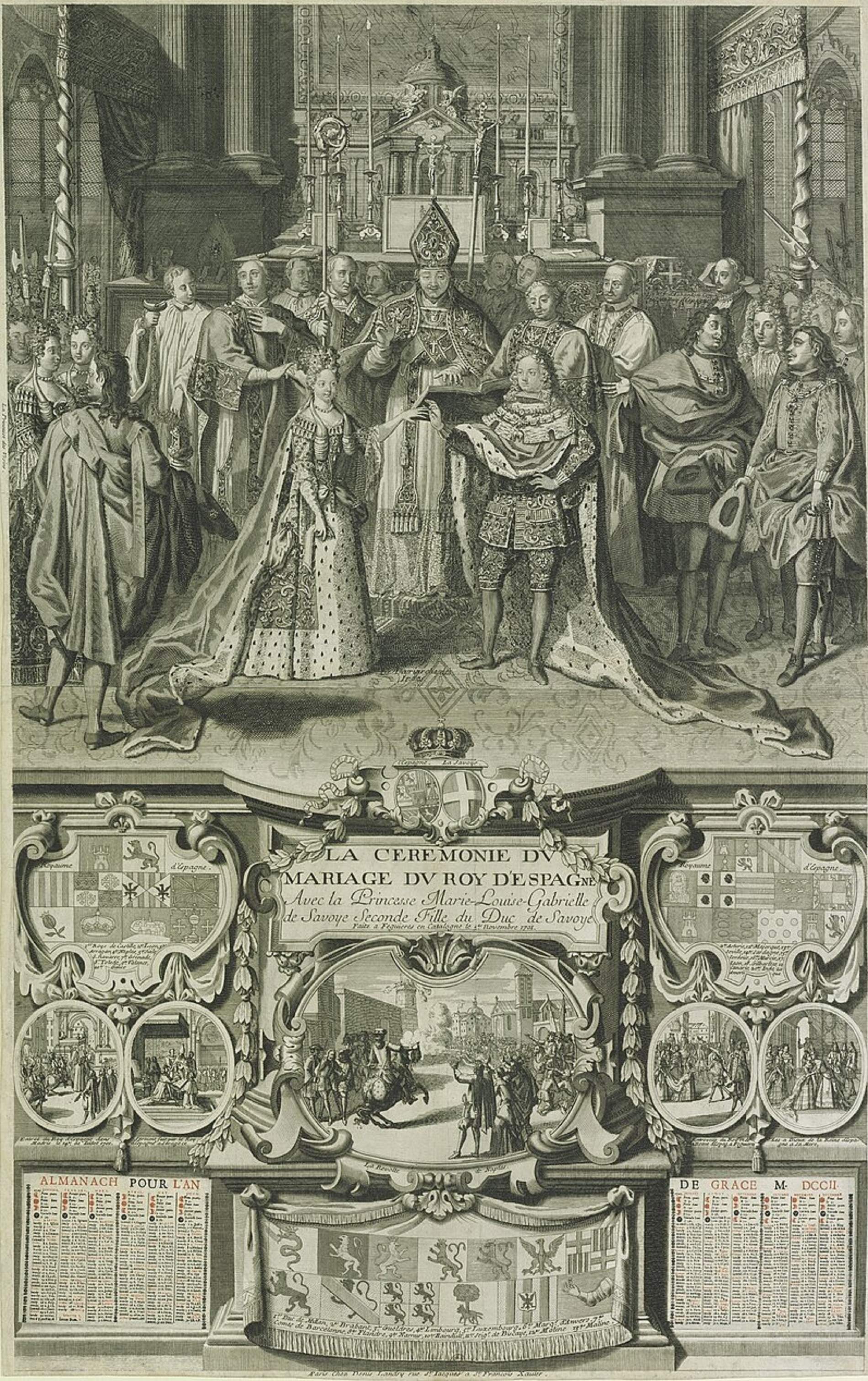 Almanac de Versalles (1701) que representa les noces de Felip i Maria Lluisa. Font Bibilothèque Nationale de France Almanac de Versalles (1701) que representa les noces de Felip i Maria Lluisa. Font Bibilothèque Nationale de France