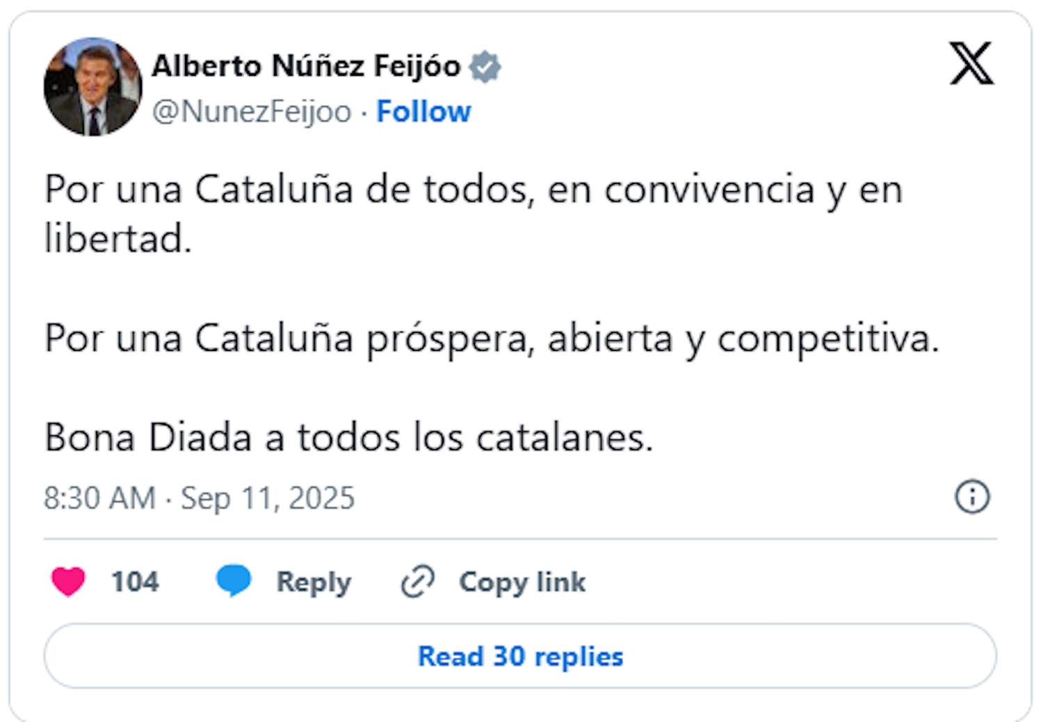 La piulada que ha fet Alberto Núñez Feijóo a les 8.30 del matí, només en castellà
