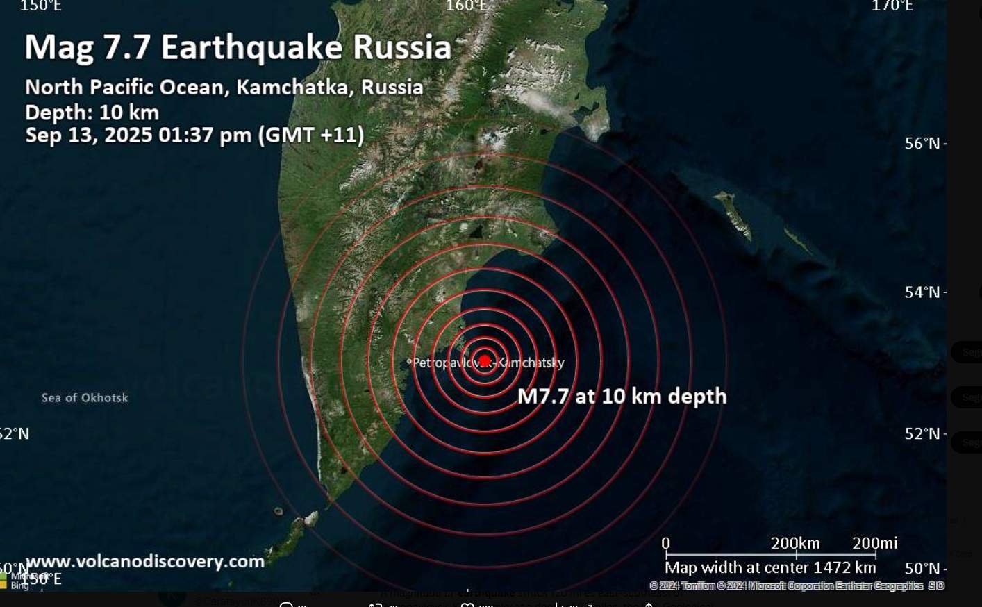 Susto en la península de Kamchatka por un seísmo de 7,7, en la misma zona del megaterremoto de julio