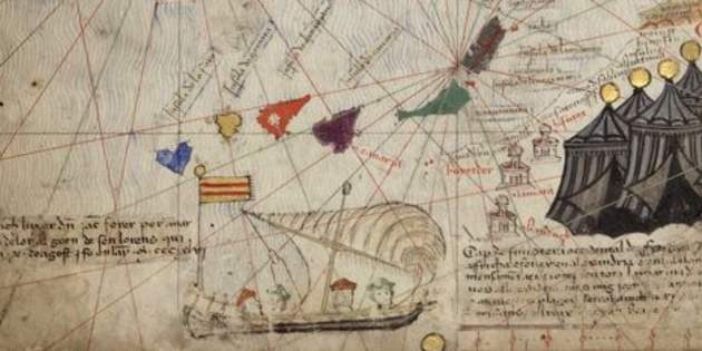 Fragment de l'Atles Català d'Abrham Cresques (1375). La nau de Jaume Ferrer davant les costes de Riu d'Or / Font: Biblioteca Nacional de França
