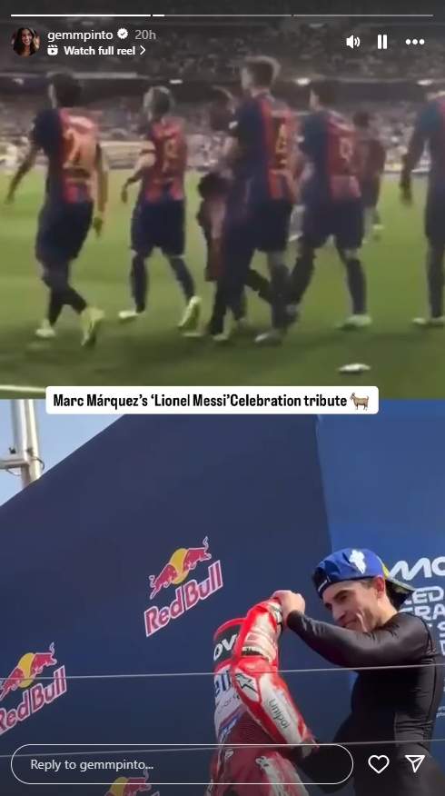 Gemma Pinto amb la comparació de Márquez i Messi / Instagram Gemma Pinto amb la comparació de Márquez i Messi / Instagram
