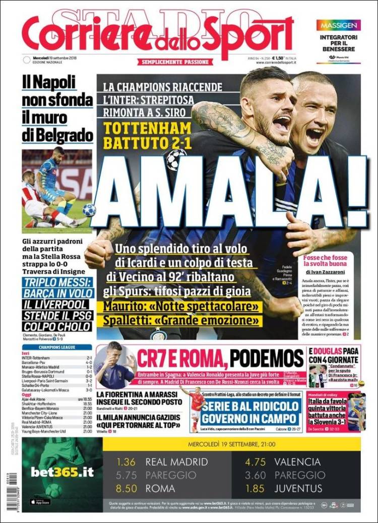 Corriere dello Sport Portada 19 09 2018