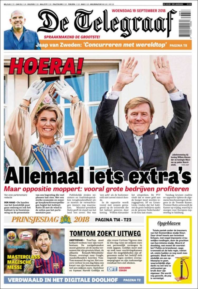 De Telegraaf Portada 19 09 2018