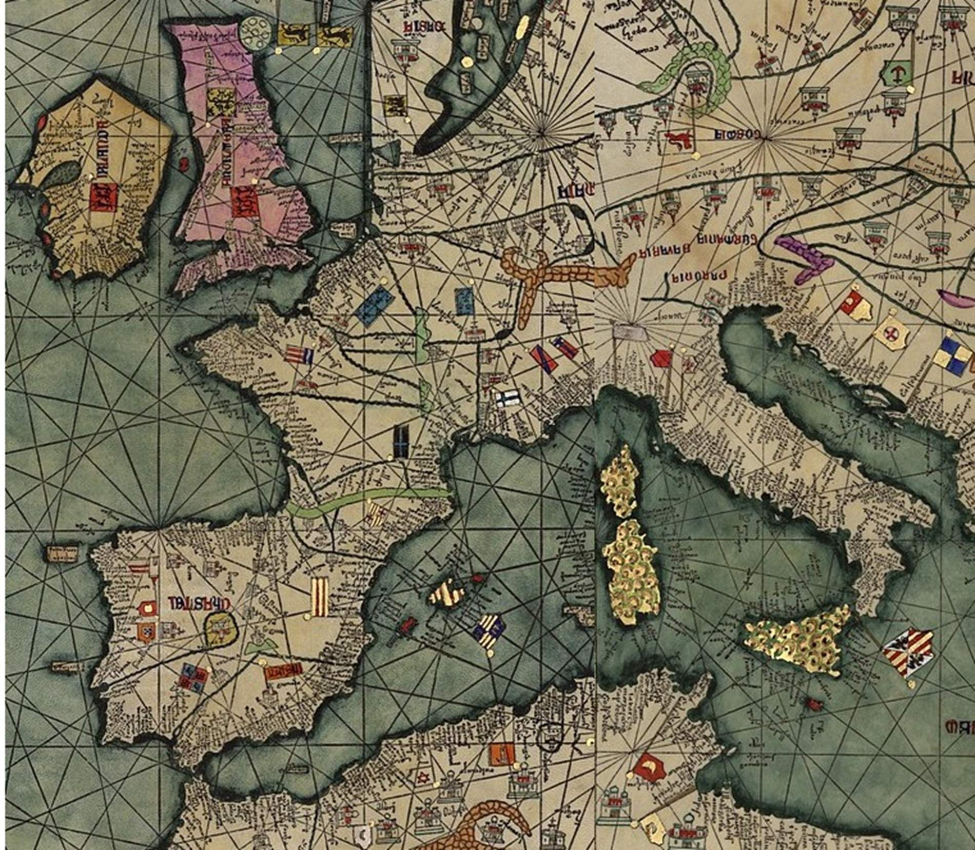 Fragmento de 'Atlas Catalán de Abrahán Crezcas (1375). Mitad occidental del Mediterráneo, denominado Mar Catalán. Fuente Bibliothèque Nationale de France