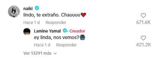 El comentari de Nicki Nicole a Lamine Yamal / TikTok El comentari de Nicki Nicole a Lamine Yamal / TikTok