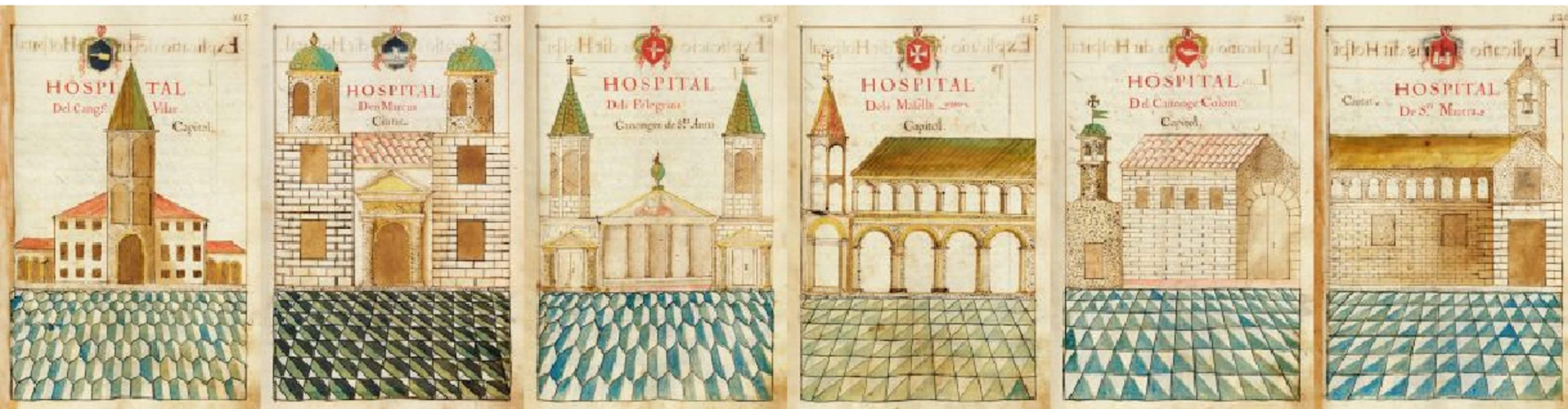 El seis hospitales de Barcelona que se reunieron para crear el Hospital de la Santa Creu, puesto de trabajo de Madona Astàsia. Fuente Archivo del Hospital de la Santa Creu