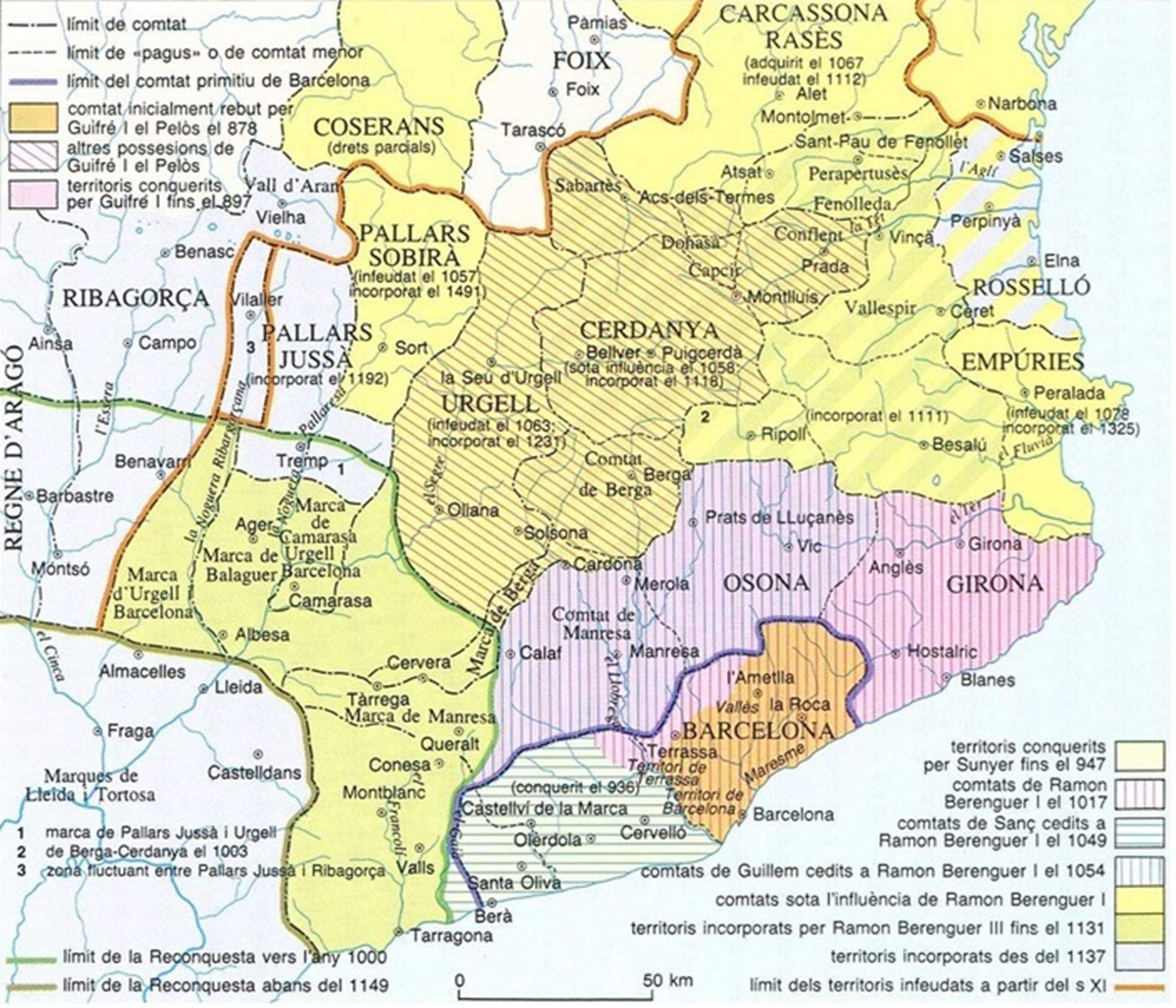 Mapa de los condados que gobernó Wifredo. Fuente Enciclopedia Catalana