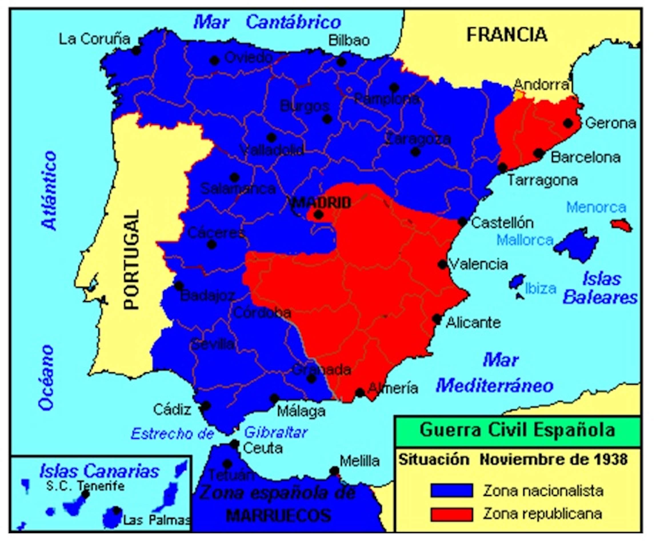 Mapa de la Guerra Civil espanyola quan es va produir l'acord Dalladier Chamberlain. Font Wikimedia Commons