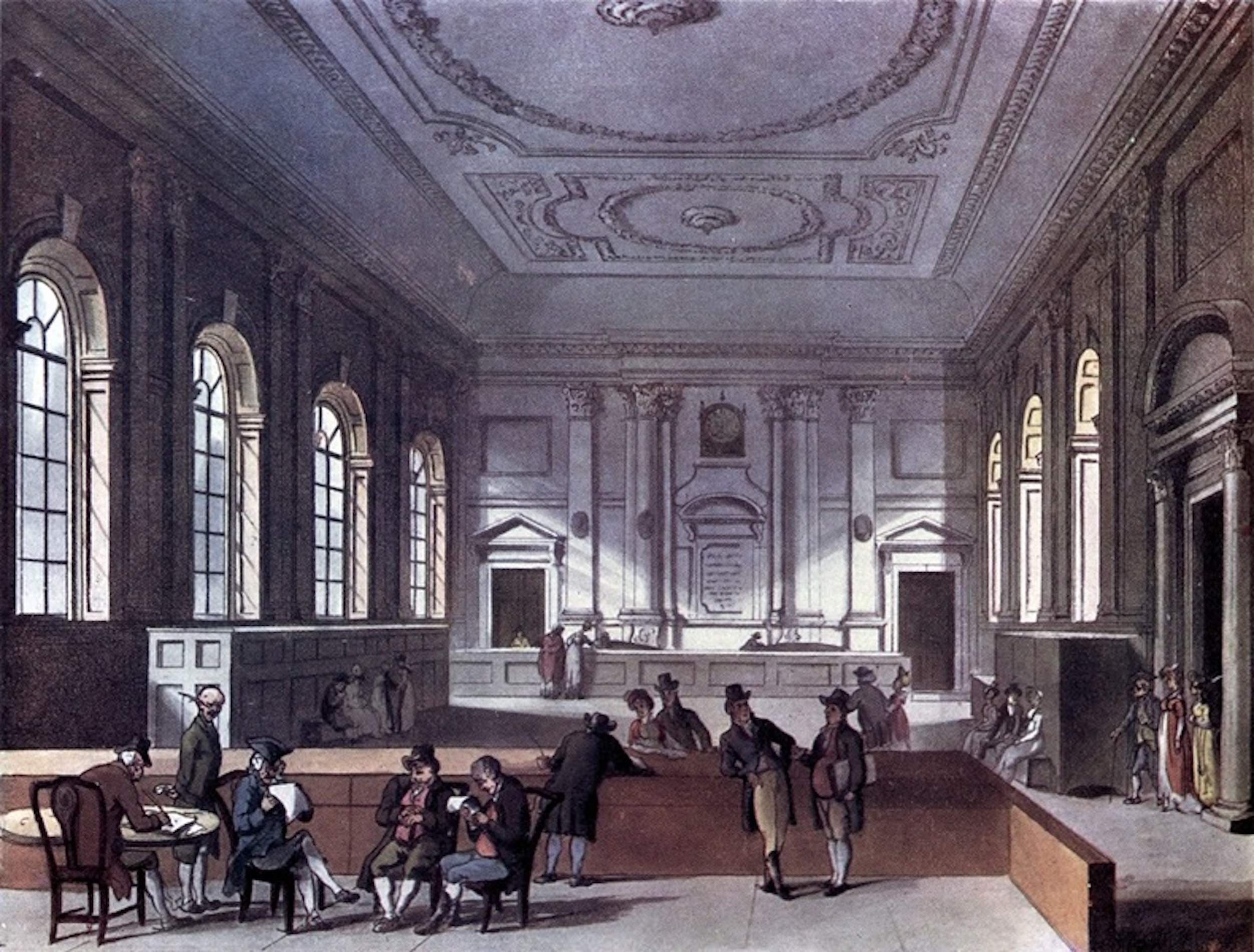 Interior de la sede central de la South Sea Company, en Bishopsgate Street, Londres (principios del siglo XIX). Fuente Wikimedia Commons