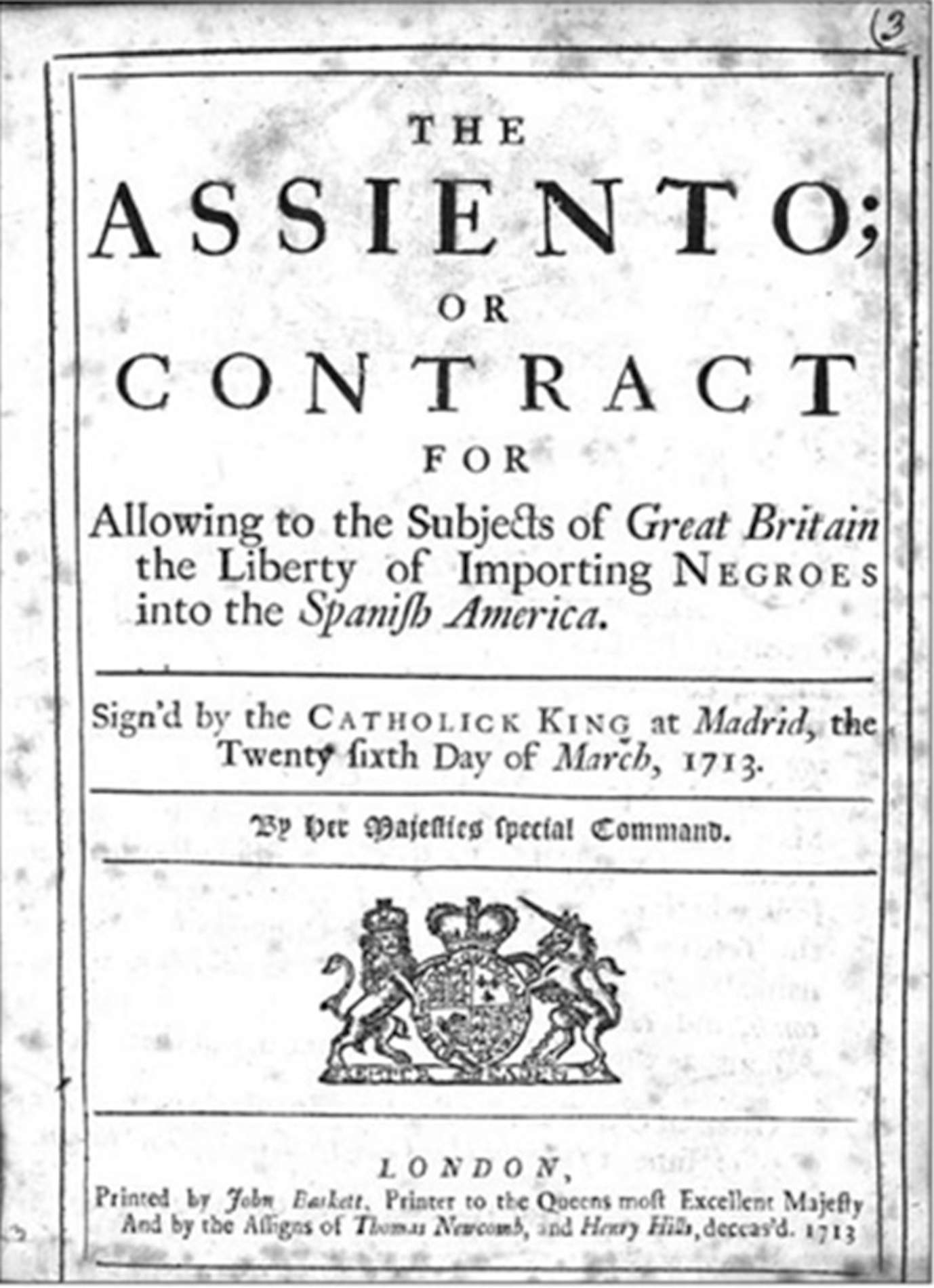 Portada de la versión inglesa de los estatutos del Asiento de Negros. Fuente British Library
