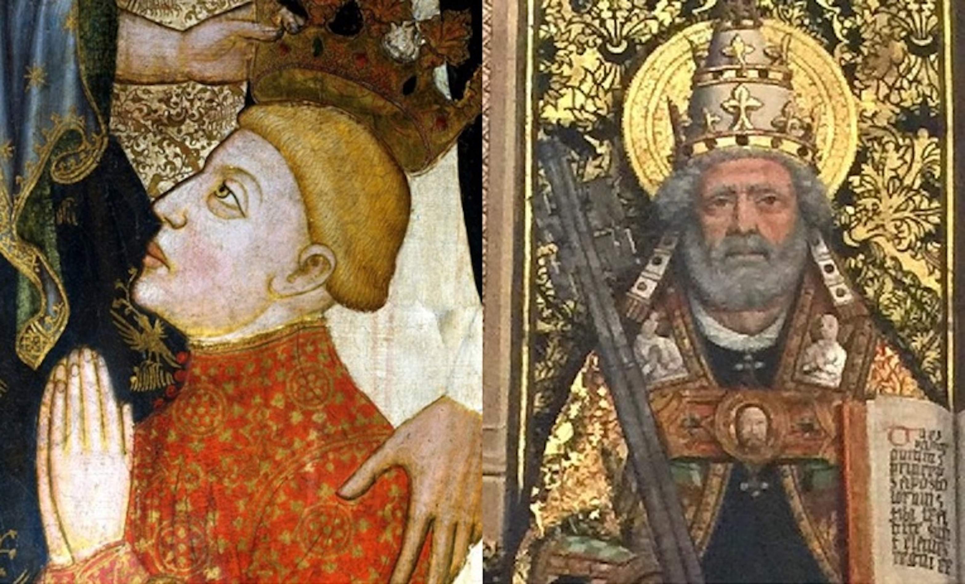 Representación de Ferrán de Trastámara y del Papa Luna. Fuente MNAC y Basílica de Santa María de Morella Representación de Ferrán de Trastámara y del Papa Luna. Fuente MNAC y Basílica de Santa María de Morella