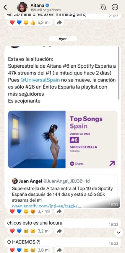 Aitana desde su canal de difusión de WhattsApp Aitana desde su canal de difusión de WhattsApp