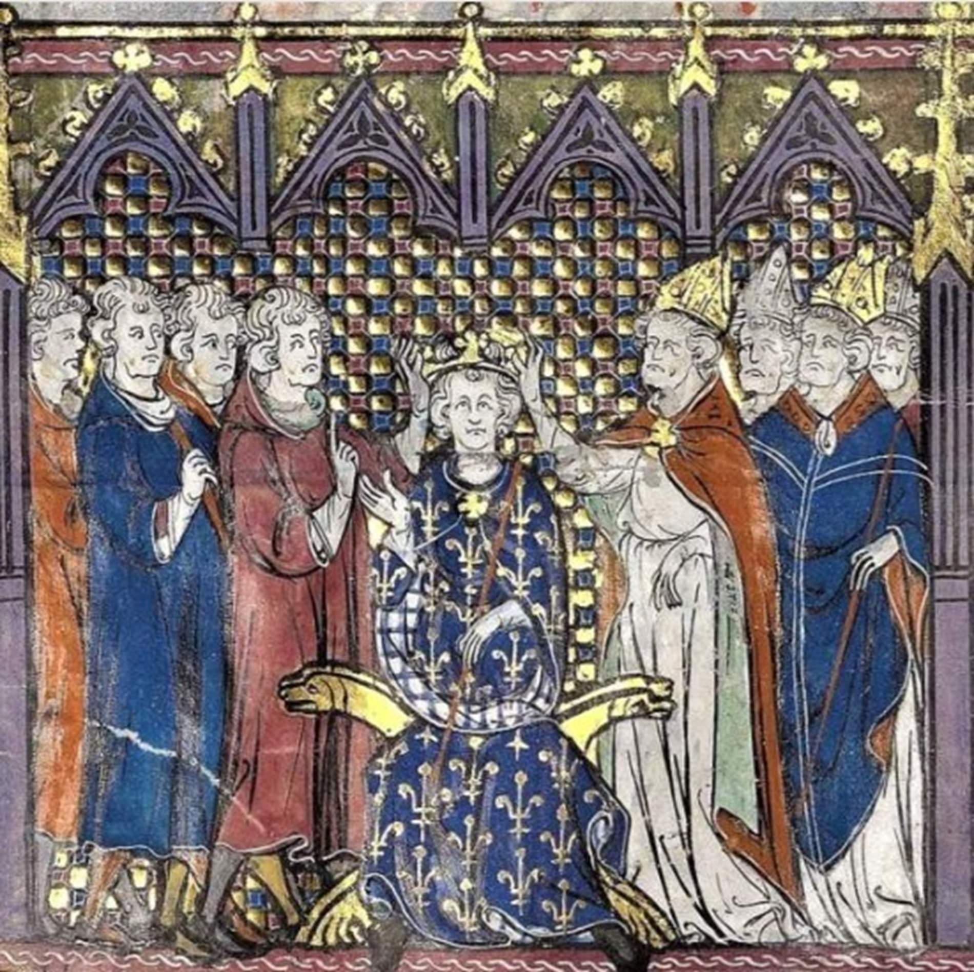 Representació coetània de la coronació d'Hug Capet (segle X). Font Bibliothèque Nationale de France Representació coetània de la coronació d'Hug Capet (segle X). Font Bibliothèque Nationale de France