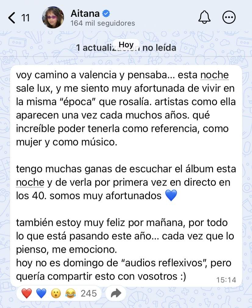 Aitana sobre Rosalía en su canal de Whatsapp / X Aitana sobre Rosalía en su canal de Whatsapp / X