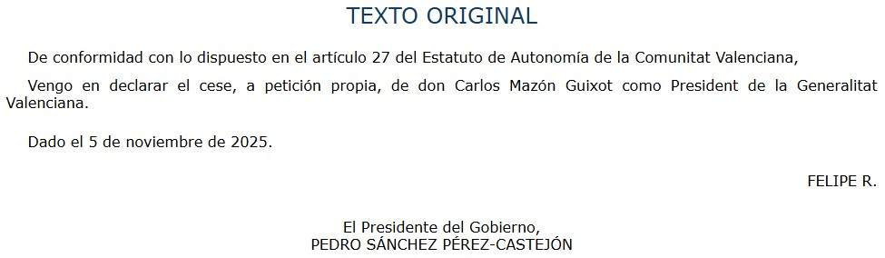 BOE cessament Carlos Mazon BOE cessament Carlos Mazon