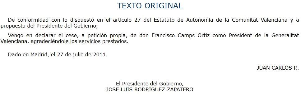 BOE cessament Francisco Camps BOE cessament Francisco Camps