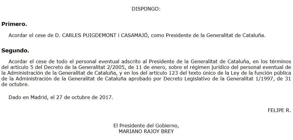 BOE cessament Carles Puigdemont BOE cessament Carles Puigdemont