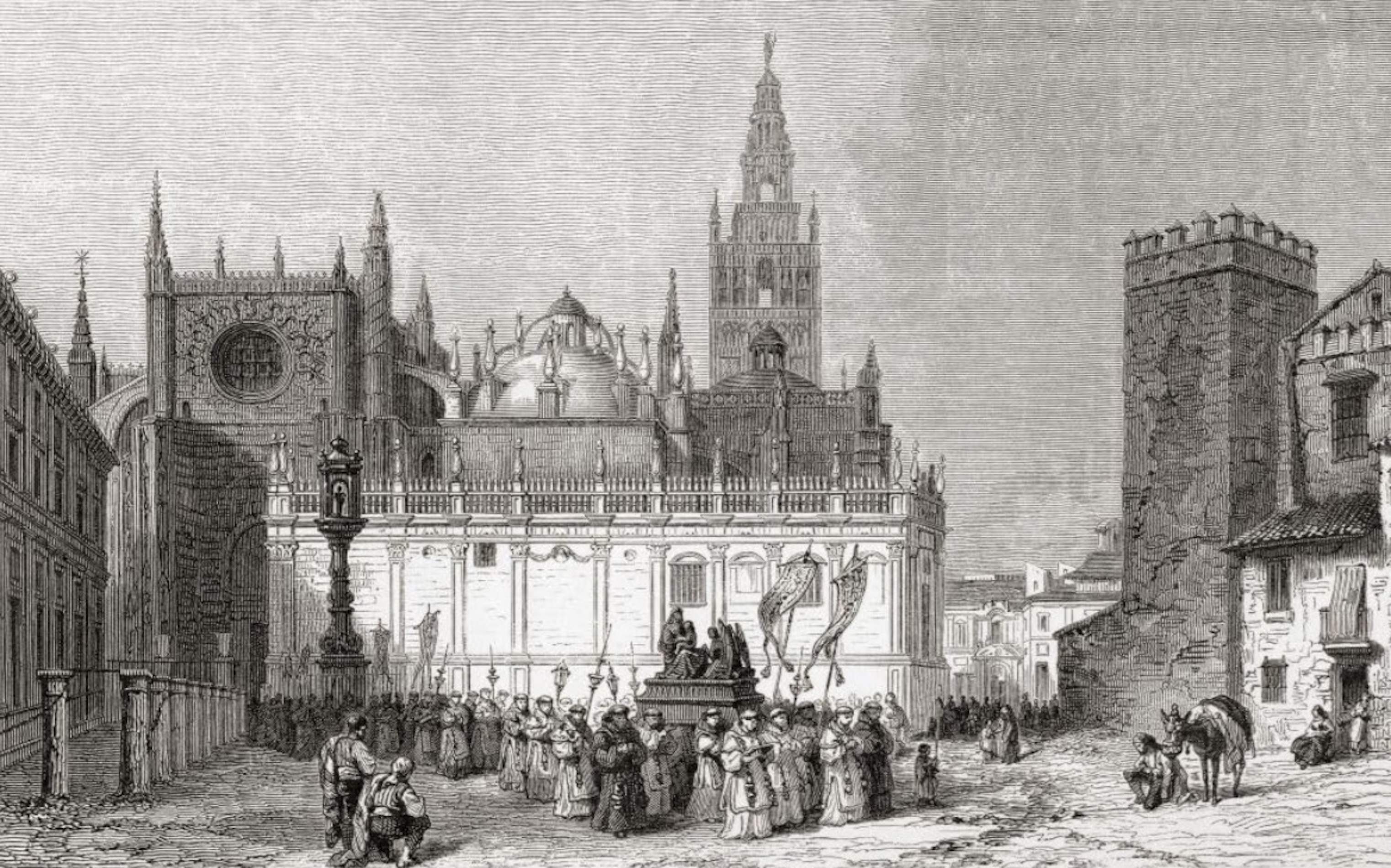 Grabado de la catedral de Sevilla (siglo XVIII). Fuente Universidad de Sevilla Grabado de la catedral de Sevilla (siglo XVIII). Fuente Universidad de Sevilla