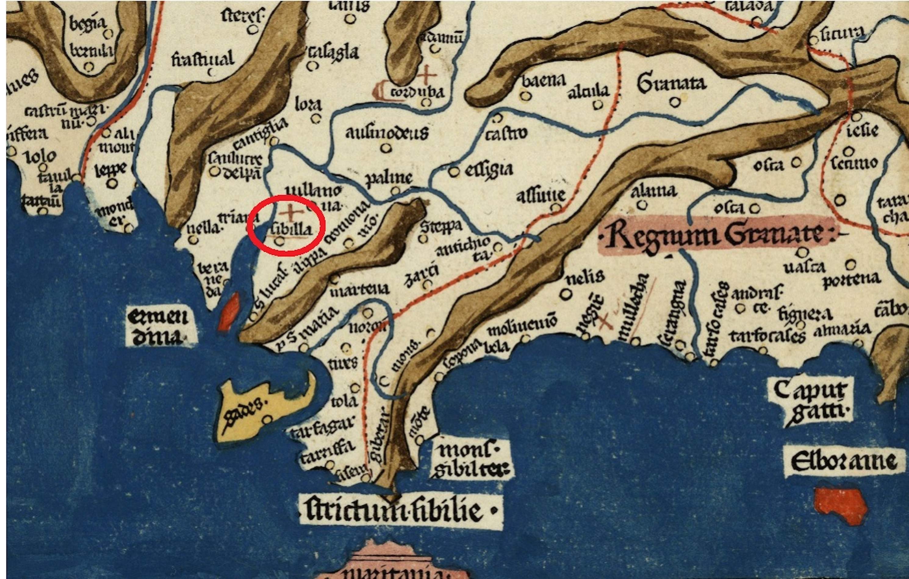 Fragmento de un mapa de la península ibérica (1482). La baja Andalucía atlántica. Fuente Cartoteca de Catalunya Fragmento de un mapa de la península ibérica (1482). La baja Andalucía atlántica. Fuente Cartoteca de Catalunya