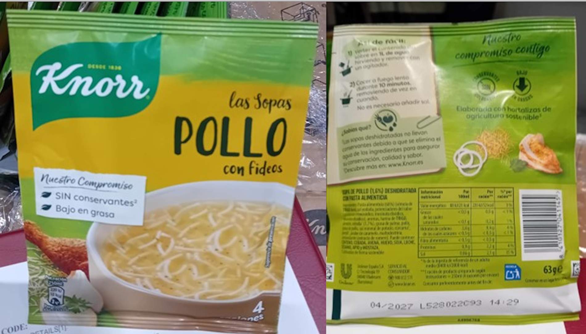 Alerta sanitaria por presencia de piezas de metal y caucho en una sopa instantánea de Knorr