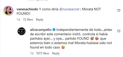 El comentario de Alice Campello a una seguidora   Instagram
