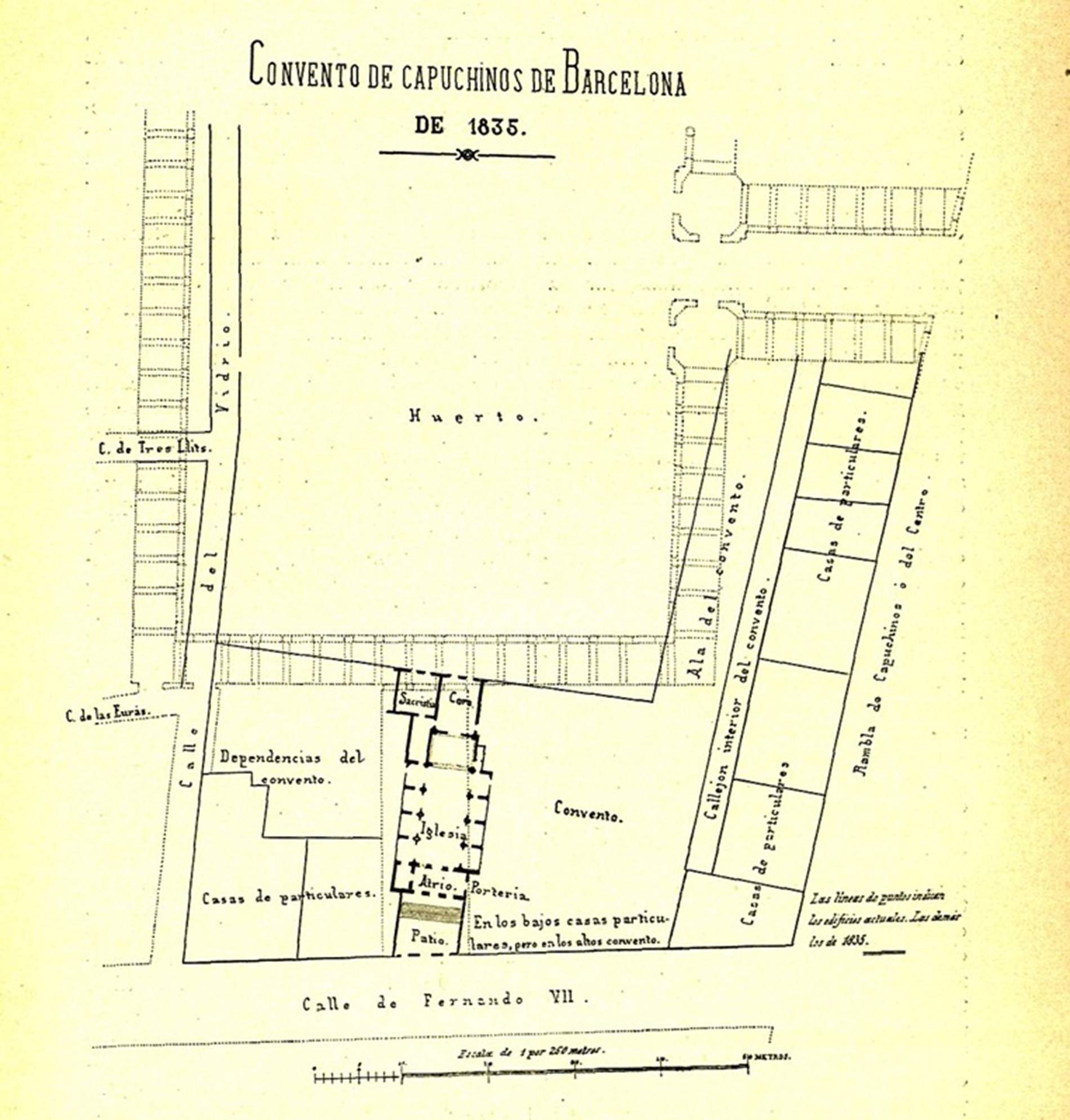 Plano del convento de los Capuchinos de la Rambla, en el momento de su derribo (1835). Fuente Universidad Autónoma de Barcelona
