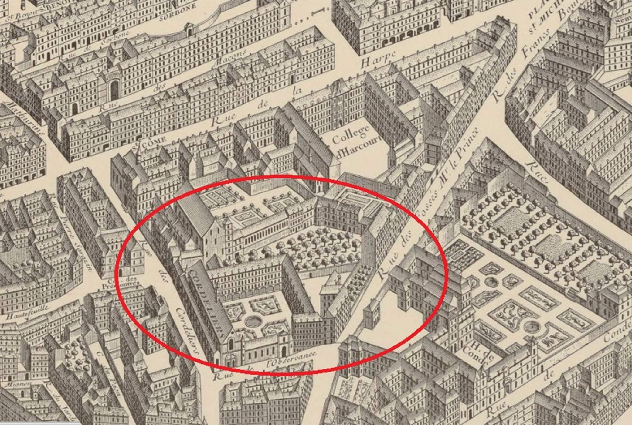 Representación del Convento de los Cordeliers de París, poco antes de su derribo (1734). Fuente Biblioteca Nacional de Francia