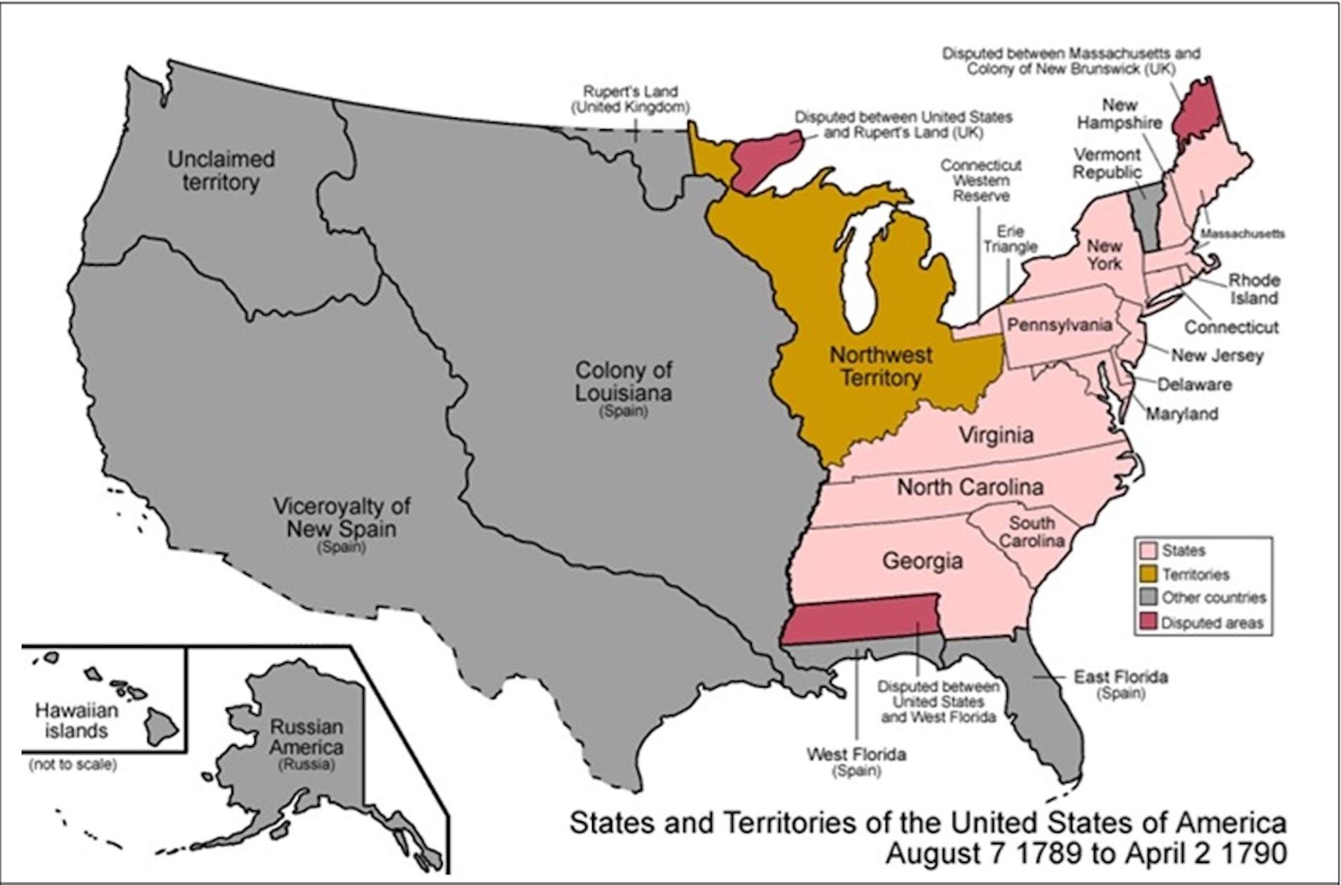 Mapa dels Estats Units el 1790. Font Wikimedia Commons