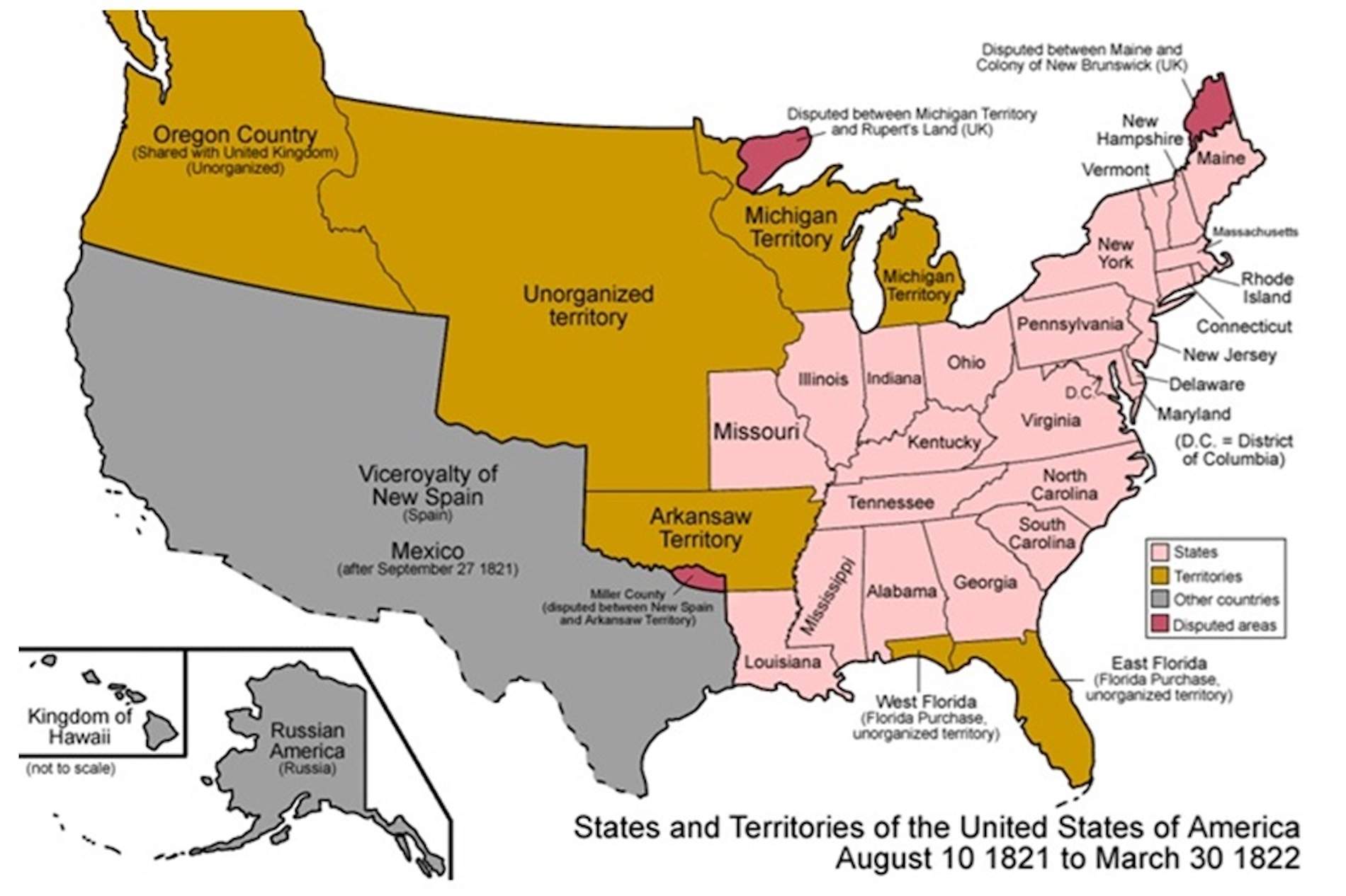 Mapa dels Estats Units el 1822. Font Wikimedia Commons