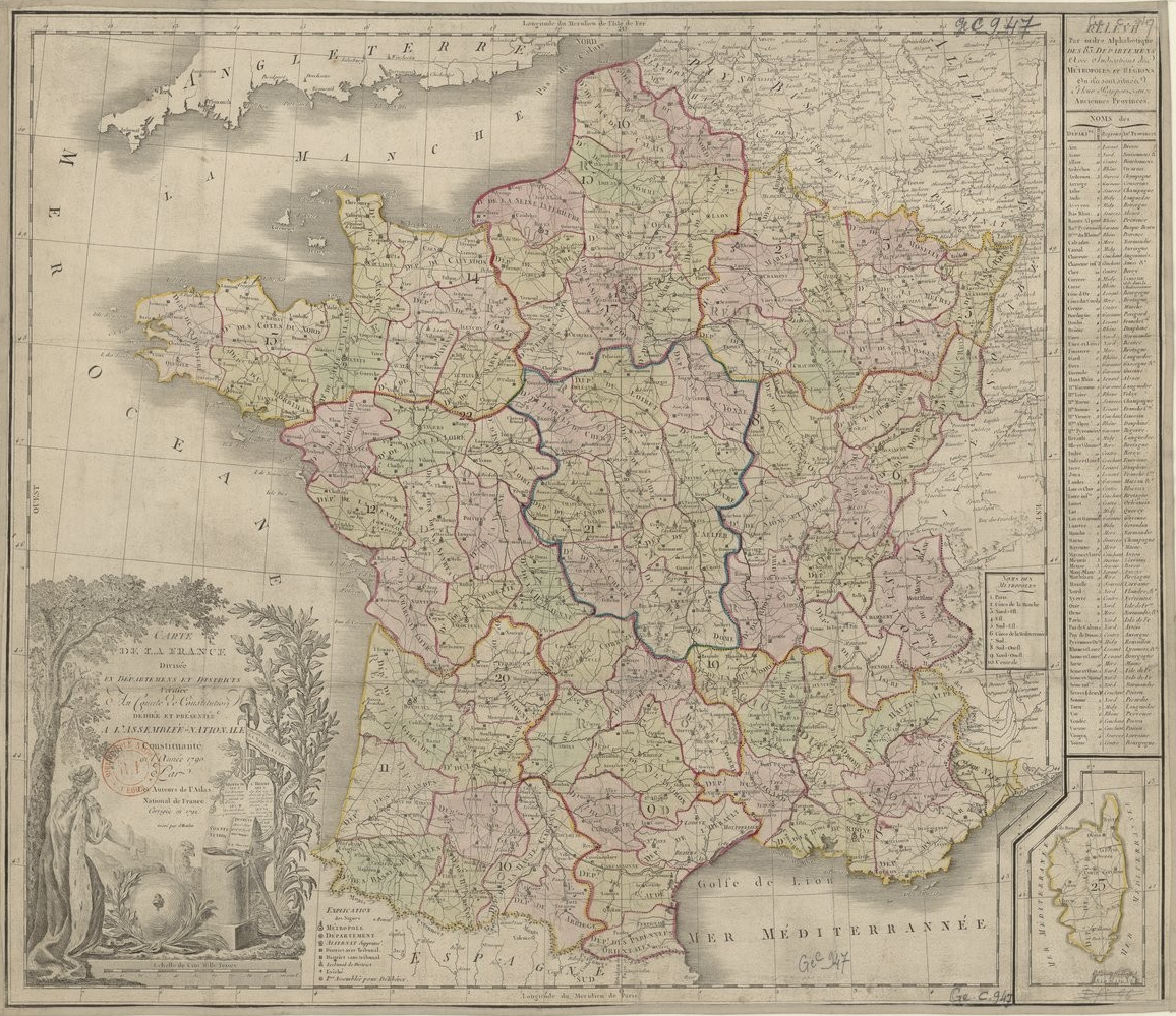 Mapa de França. Divisió administrativa aprovada per l'Assemblea Nacional (1792). Font Bibliothèque National de France