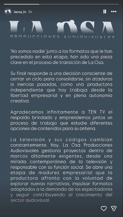 Comunicado oficial sobre el final de 'No somos nadie'   Instagram