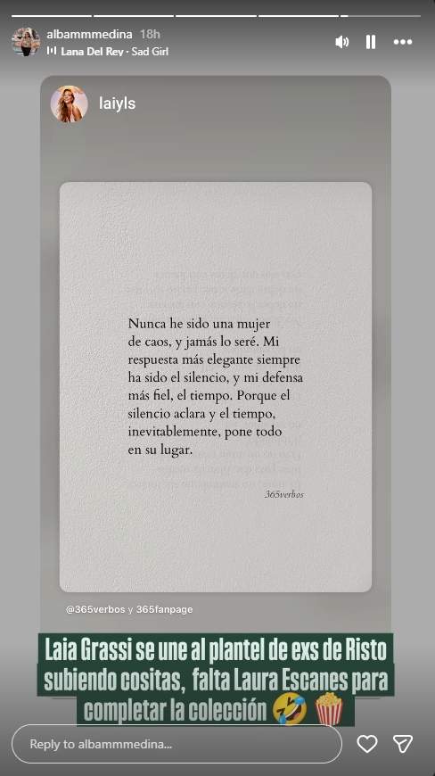 Laia Grassi se pronuncia tras la ruptura de Merche y Risto Instagram @albammmedina Laia Grassi se pronuncia tras la ruptura de Merche y Risto Instagram @albammmedina