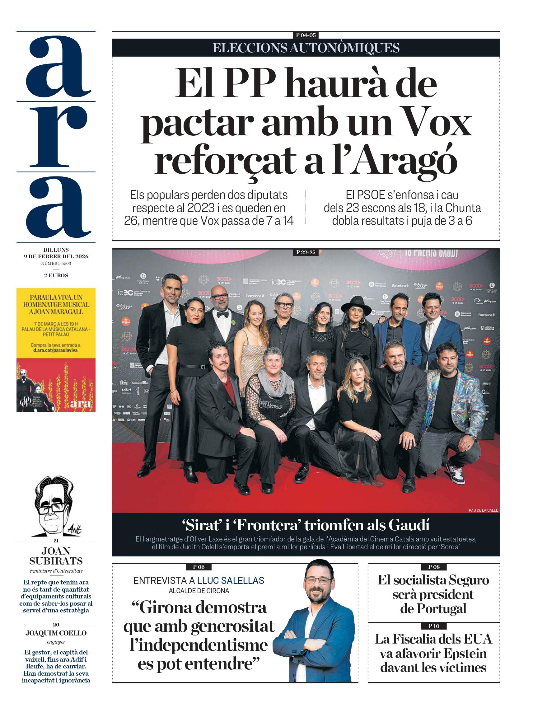 'Ara', 9 de febrer de 2026