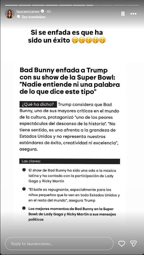 Laura Escanes sobre la actuación de Bad Bunny / Instagram 
