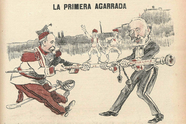 Dimiteix el Dr. Robert, l'alcalde del Tancament de Caixes. Caricatura que representa Polavieja i Robert, publicada a la revista satírica Gedeón (Madrid, 1899). Font Biblioteca Nacional de España