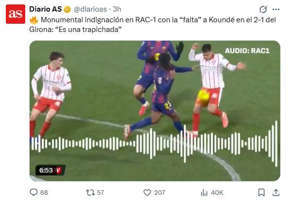 Tuit del diari 'As' sobre la narració de RAC1