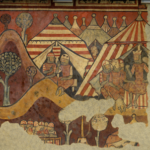 Test 28. La conquesta catalana de Mallorca. Pintura mural coetània que representa el campament militar català. Font MNAC Test 28. La conquesta catalana de Mallorca. Pintura mural coetània que representa el campament militar català. Font MNAC