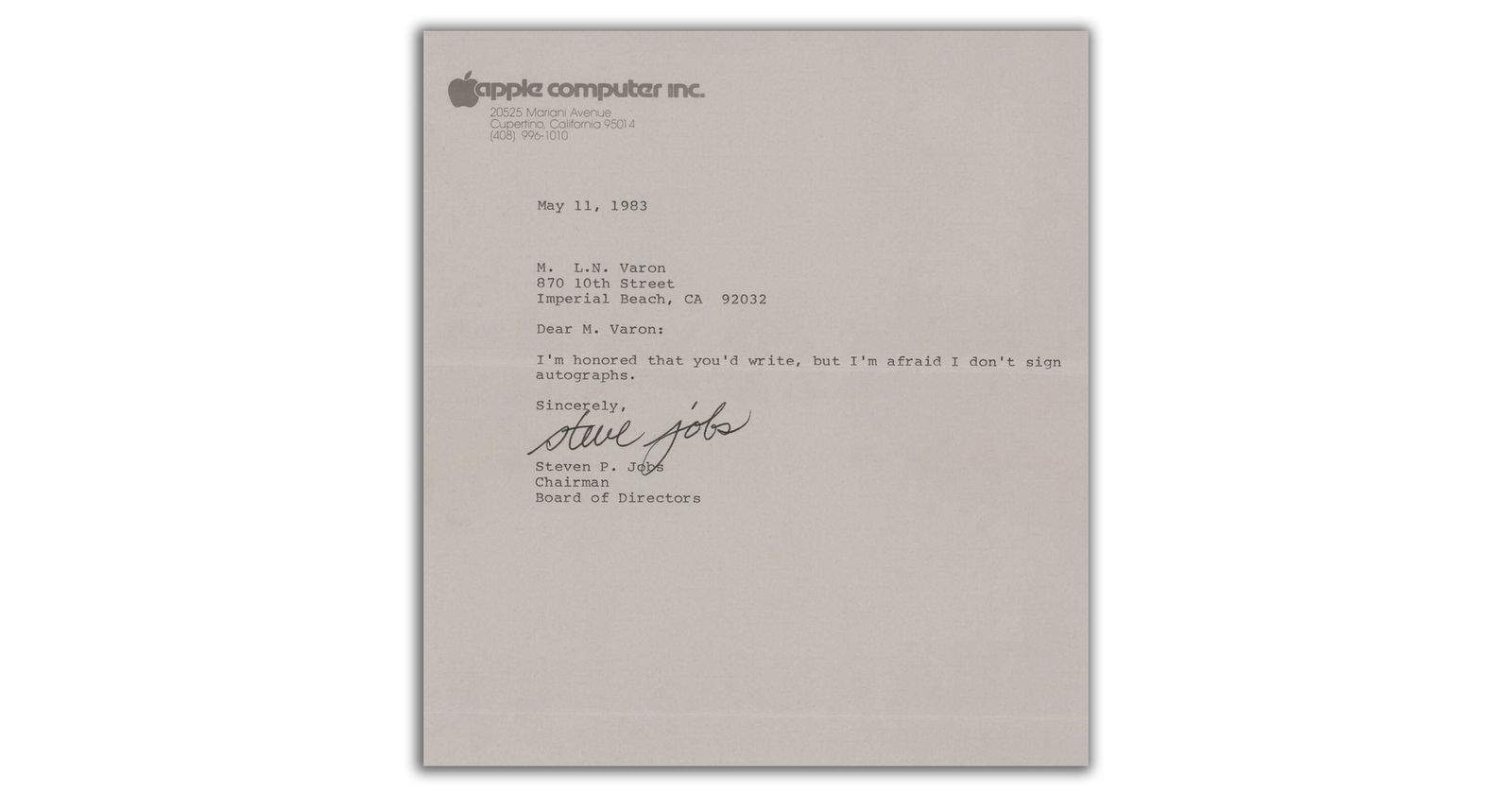 El 1983 van escriure a Steve Jobs una carta demanant un autògraf, i això és el que va respondre