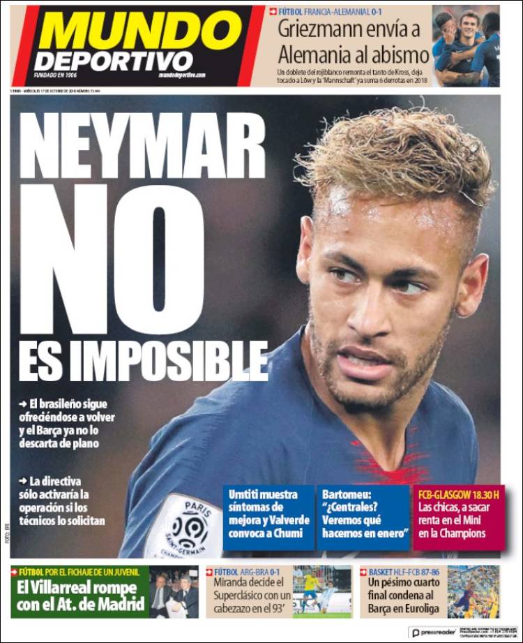Portada Mundo Deportivo 17 10 2018