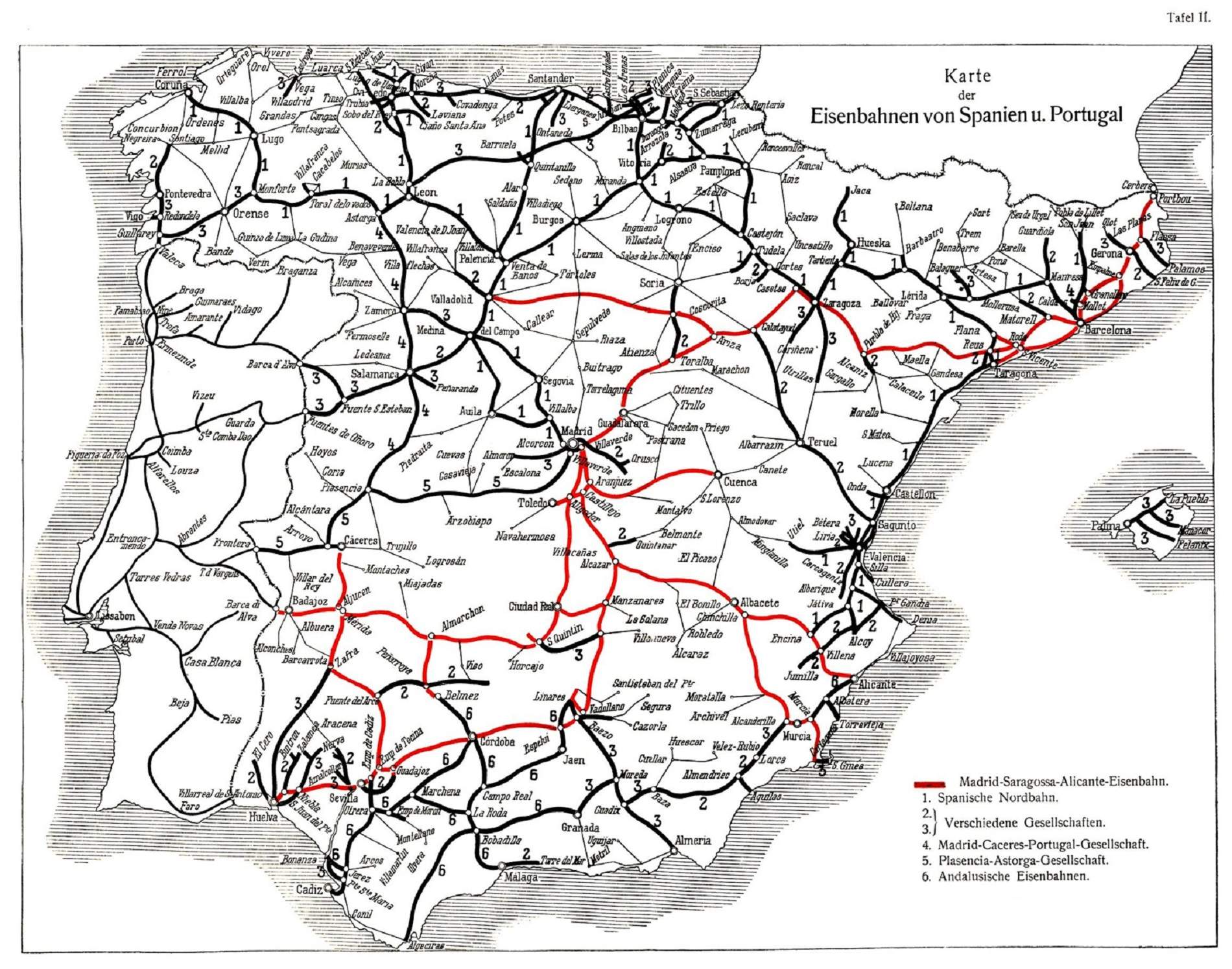 Mapa de la xarxa ferroviaria de la MZA TBF, en vermell  (1921). Font Enzyklopädie des Eisenbahnwesens