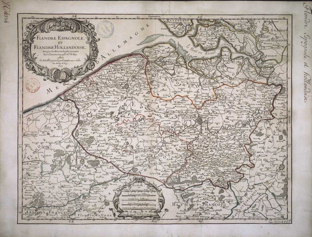 Mapa de Flandes després de la independència de les provincies del nord. Cartografiat a París (1693). Font Bibliothèque National de France (1)