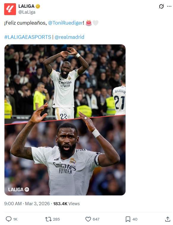 Tuit de la La Liga sobre Rudiger Tuit de la La Liga sobre Rudiger