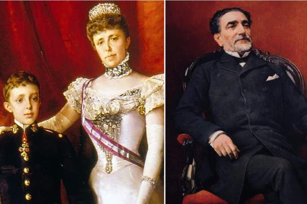 Alfonso XIII, María Cristina y Sagasta. Fuente: Senado de España 